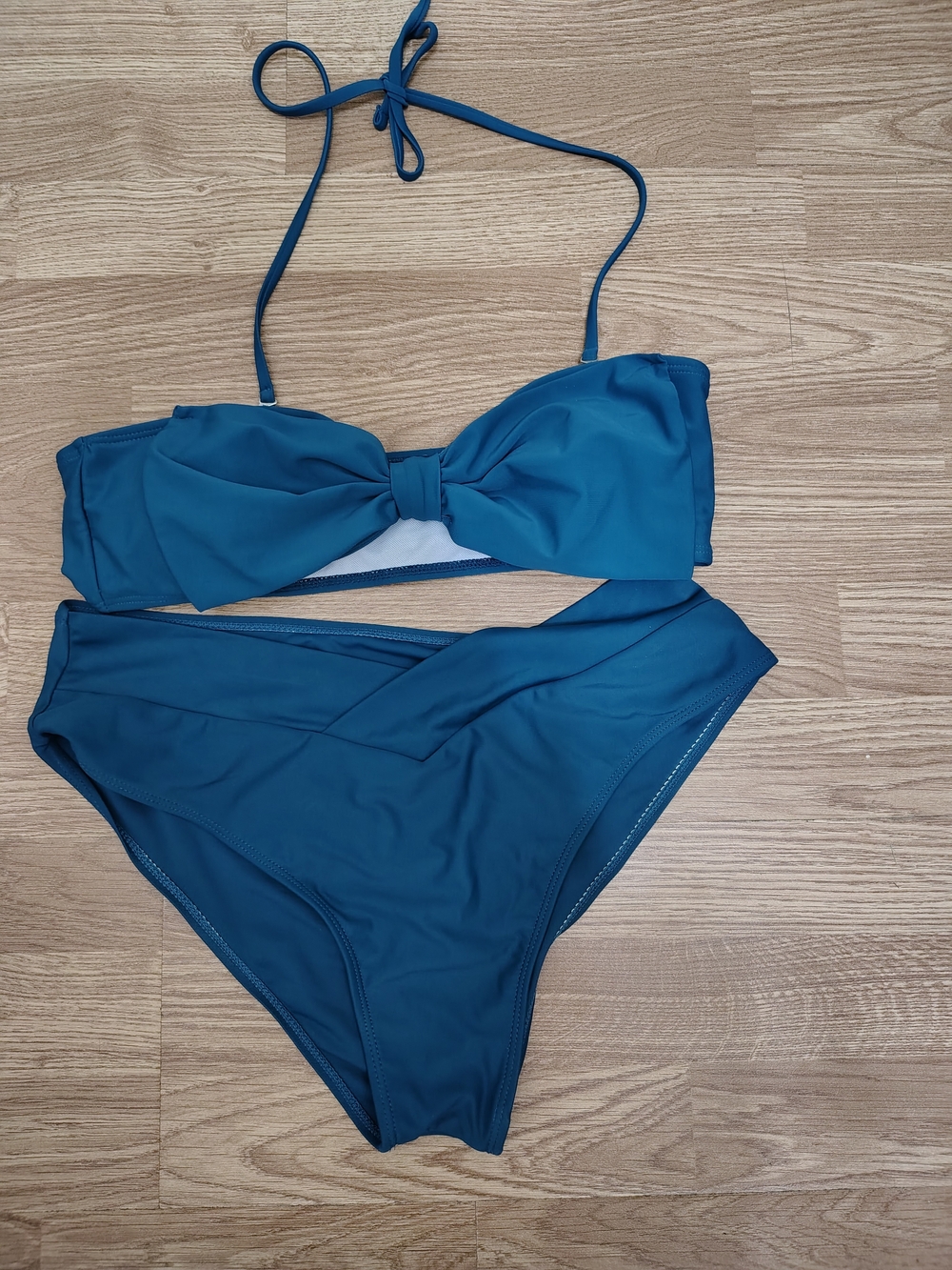 Dark Green Bandeau Bikini Set  Bow Front High Waisted Women's L Beachwear
